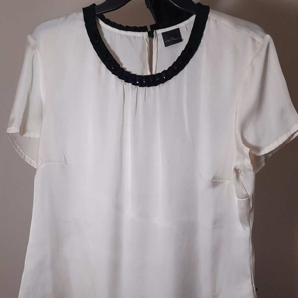 Black and White silky Top with Beaded neck